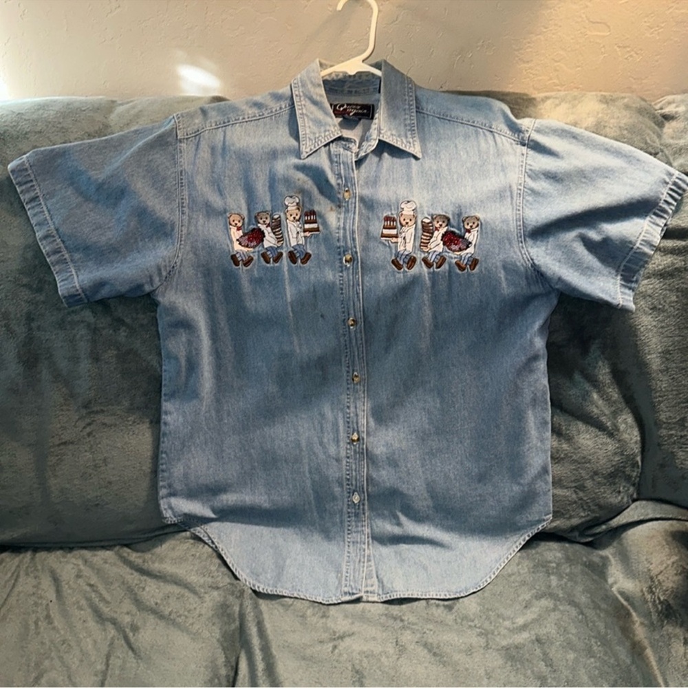 Let’s quizz again New York medium Denim button down Shirt with Bear Embroidery